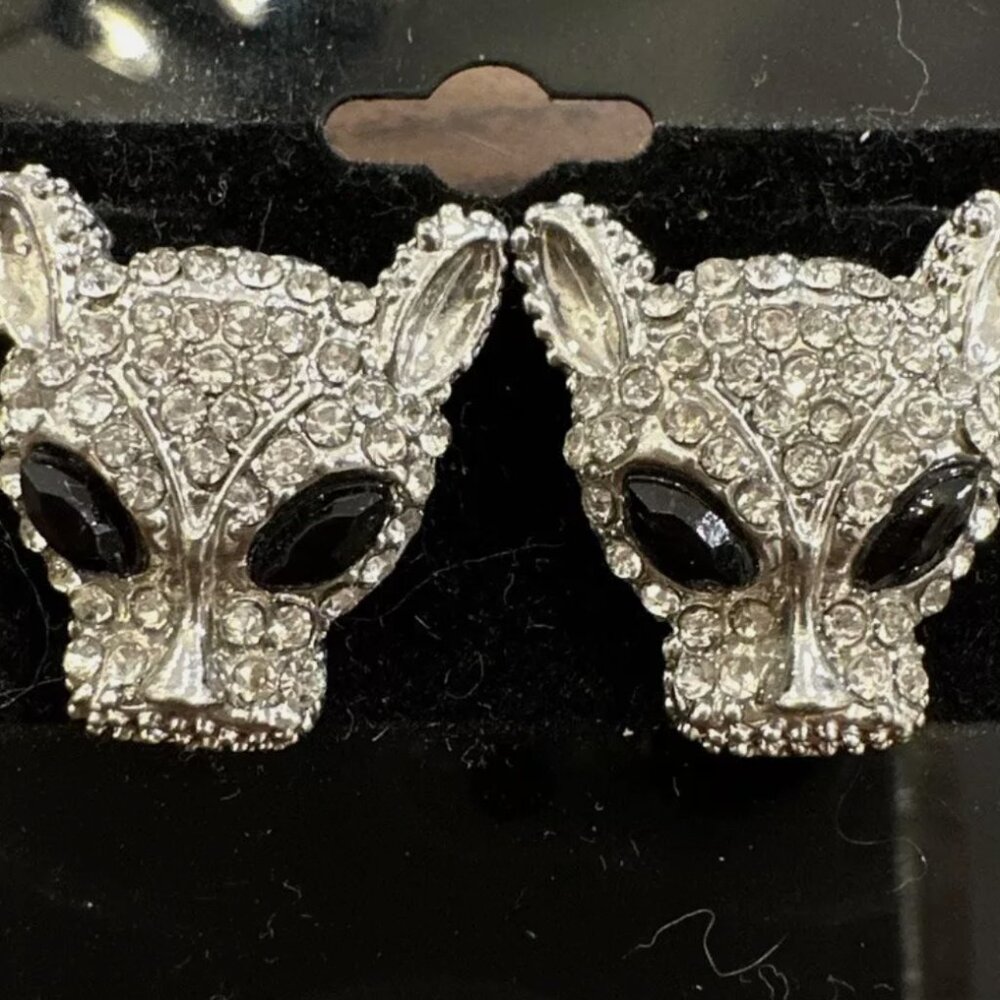 Vintage CAT PAVE Rhinestone Post Back Pierced Unbranded Silver Earrings - RARE!